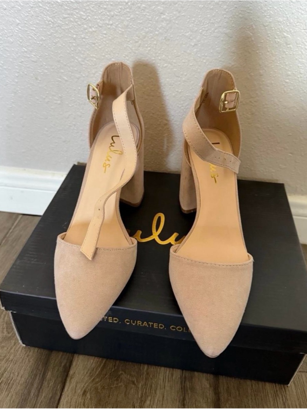 Lulu's Blush Pointed Toe Ankle Strap Block Heels